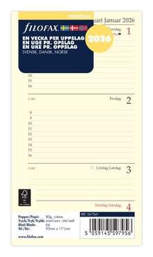 Filofax Personal Refill 2026 Vecka/Uppslag. Språk svensk/dansk/norsk
